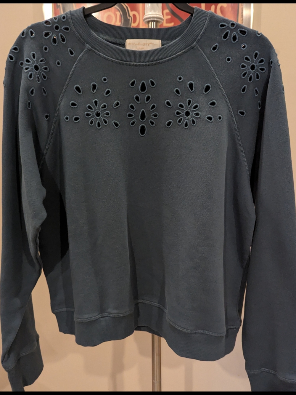 $28 Spiritual Gangster - Size S - Bridget Eyelet Sweatshirt Dusty Teal Blue EUC